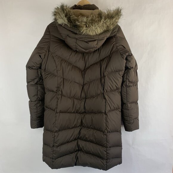 Eddie Bauer Womens Puffer Coat Quilted Goose Down Hooded Fur Jacket Medium Brown - Picture 2 of 14